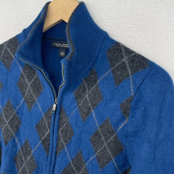 BANANA REPUBLIC Sweater Mens S Cardigan Extra Fine Wool Argyle Full Zip Blue - Picture 6 of 13